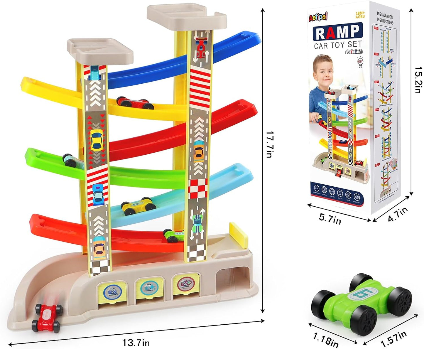 Montessori Toys for 2 3 Year Old Boys Toddlers, Car Ramp Toys with 6 Cars & Race Tracks, Garages and Parking Lots, Ramp Racer Toy Gift for Boys Girls Age 18 Months and Up, Multicolor