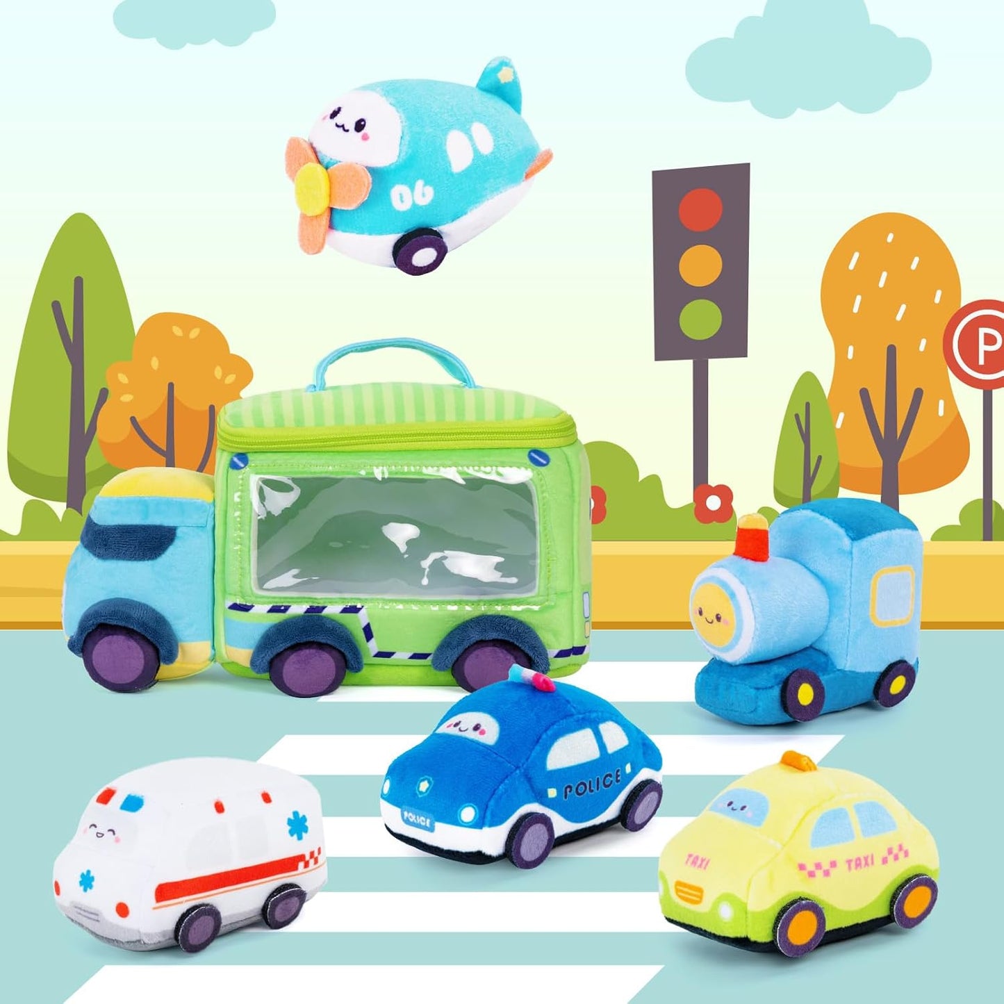 OUOZZZ Baby Boy Toys - Soft Cars for Toddlers 1-3 - Little Blue Truck Plush Toys for Babies- First Birthday Gifts for Infant - Stuffed Car with Squeaker, Bell Ringing Sensory Toys Portable Playset