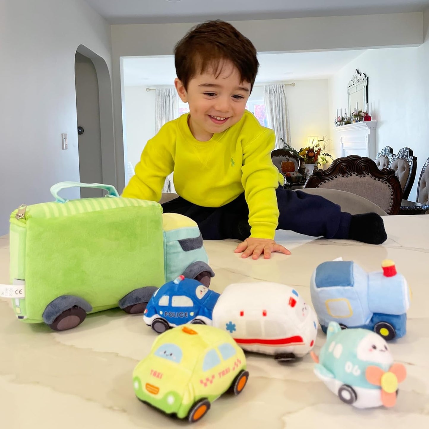 OUOZZZ Baby Boy Toys - Soft Cars for Toddlers 1-3 - Little Blue Truck Plush Toys for Babies- First Birthday Gifts for Infant - Stuffed Car with Squeaker, Bell Ringing Sensory Toys Portable Playset