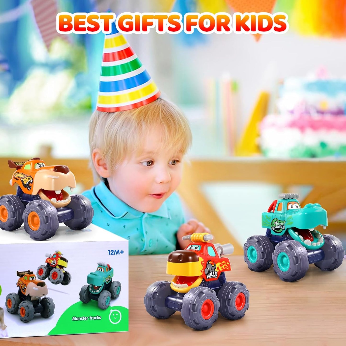 Car Toys for 1 Year Old Boy Gifts, Pull Back Monster Truck Toy Cars for Toddlers 1-3, 1 2 3 One Year Old Boy Birthday Gift 1st Vehicles Kids Stocking Stuffers Toddler Baby Boys Toys 12-18 Months
